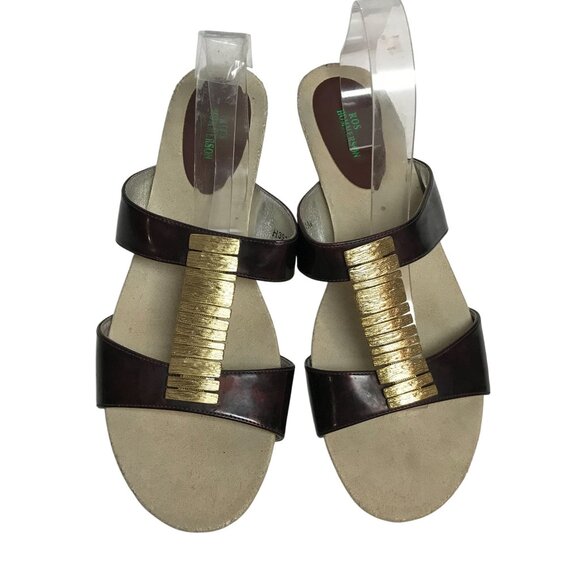 Ros Hommerson Brown Leather & Gold Wedge Slide Sandals Womens 11M - Picture 2 of 10